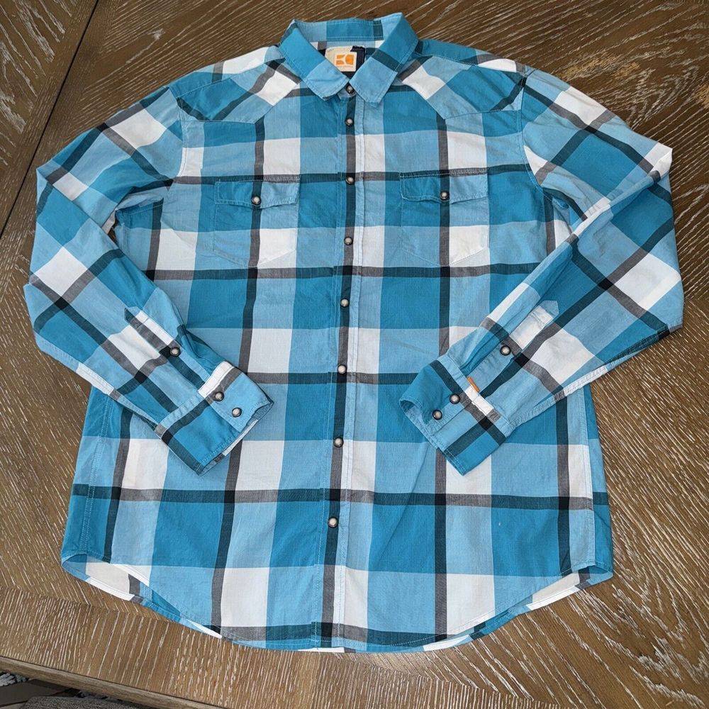 HUGO BOSS Orange TEAL/GRAY PLAID Shirt Mens XL Slim Fit Pearl Snap Western NICE! - Picture 10 of 10